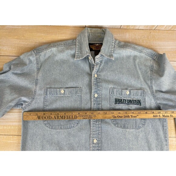 Harley Davidson Embroidered Logo Long Sleeve Button Up Denim Shirt Blue Mens S - Picture 6 of 10